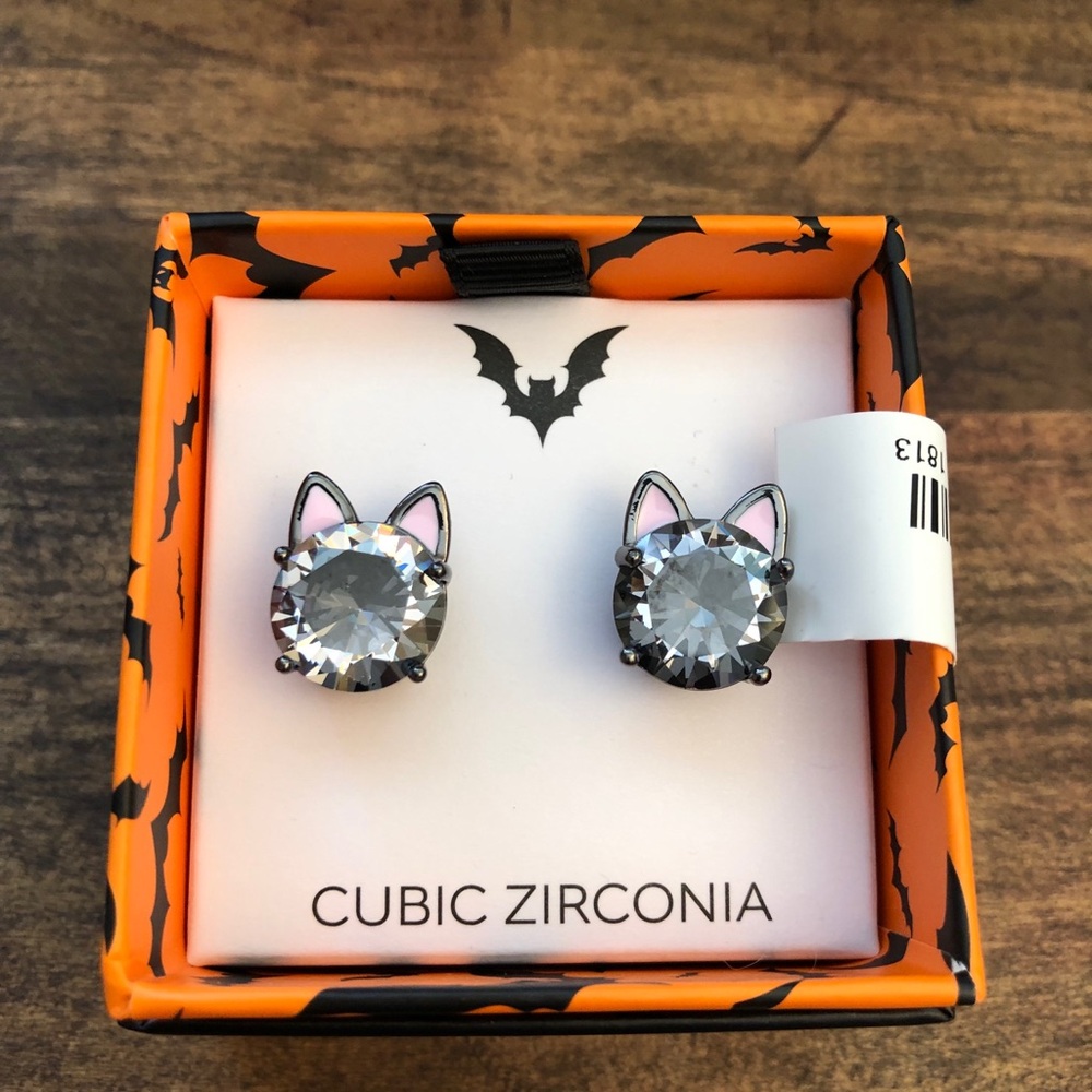 Cubic Zirconia Cat Stud Earrings with Pink Enamel Ears, NEW in Box